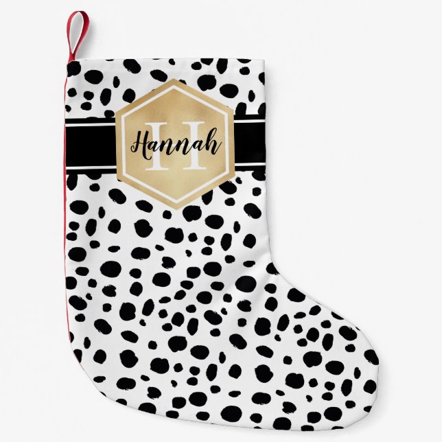 Black White Spots Pattern Gold Monogram Small Christmas Stocking (Front)