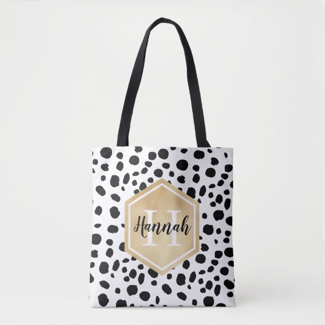 Black White Spots Pattern Gold Monogram Tote Bag (Front)