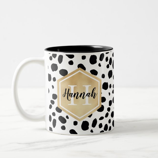 Black White Spots Pattern Gold Monogram Two-Tone Coffee Mug (Left)