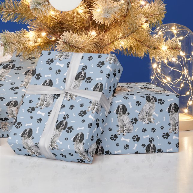 Black White Springer Spaniel Dog Paw Prints Wrapping Paper (Holidays)