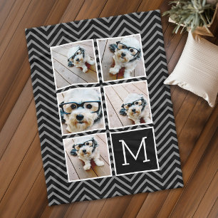 Black White Square 5 Photo Collage Monogram Fleece Blanket