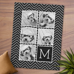Black White Square 5 Photo Collage Monogram Fleece Blanket