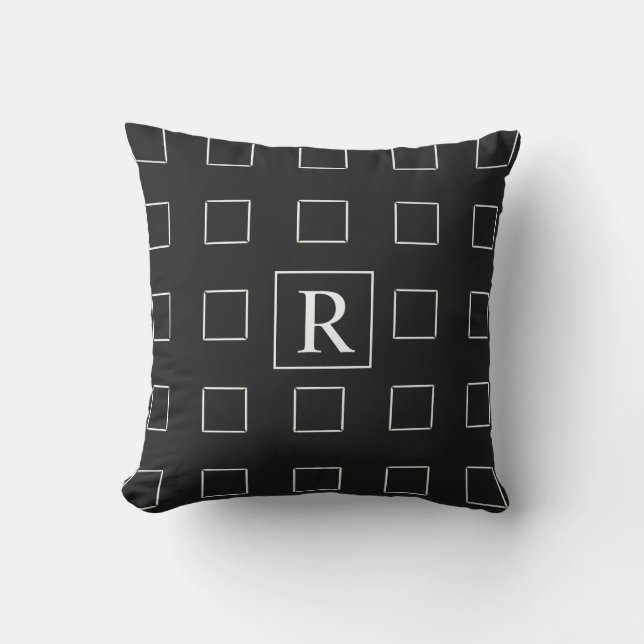 Black White Square Geometric Patterns Monograms Cushion (Front)