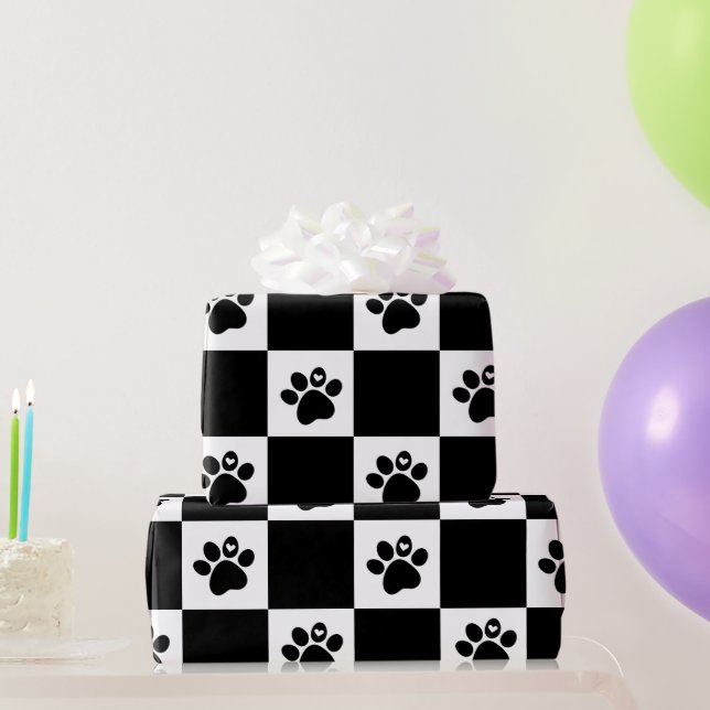 Black & White Square Pawprint Wrapping Paper (Party Gifts)