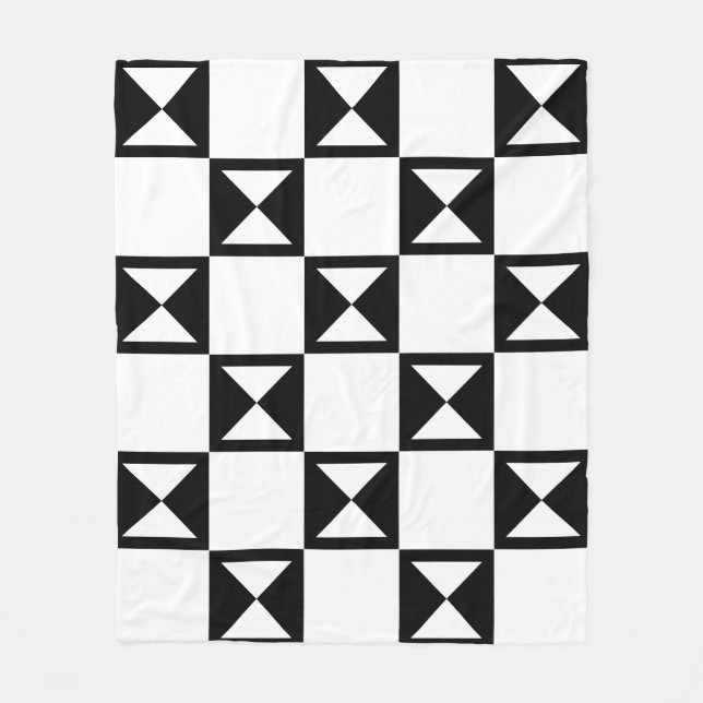 Black White Square Triangle Hourglass-Like Pattern Fleece Blanket (Front)