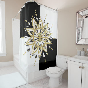 Black & white squares Gold & Black Mandala Shower Curtain
