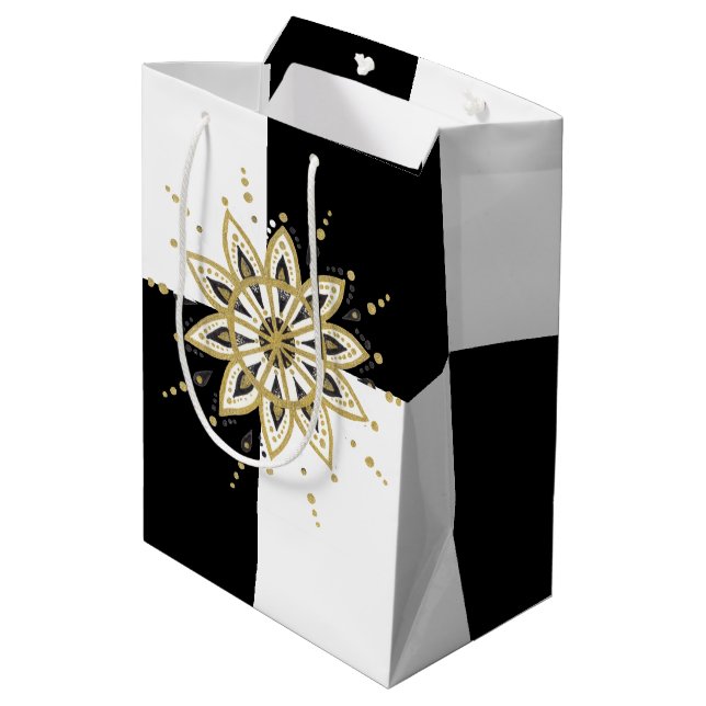 Black & white squares gold & modern gold mandala medium gift bag (Back Angled)