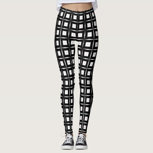 Black & White Squares Op Art Geometric Pattern Leggings (Front)