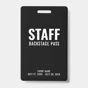 Black White Staff Backstage Pass ID Badge