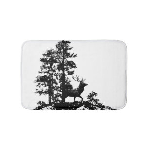 Black White Stag Deer Animal Nature art Bath Mat
