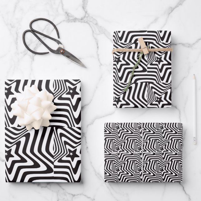 Black & White Star Illusion Wrapping Paper  (Front)