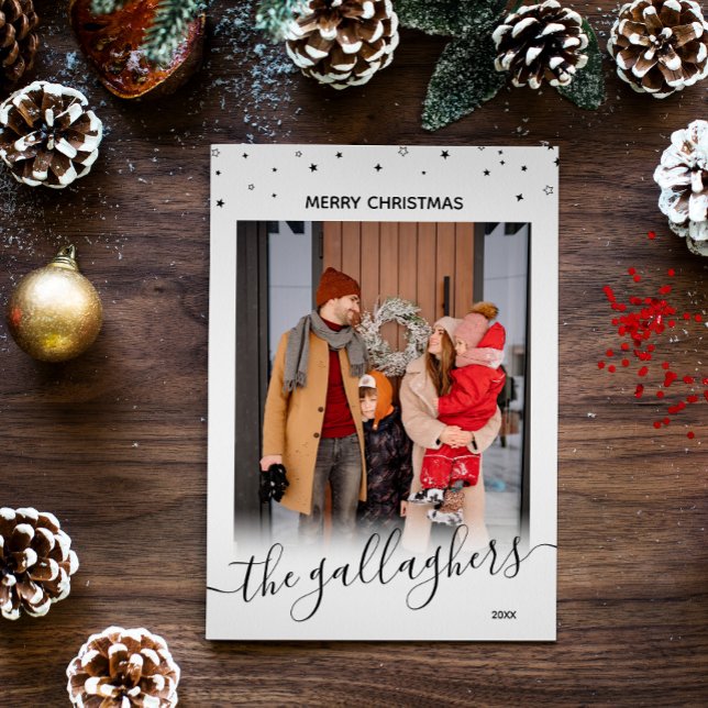 Black White Stars Name In Script Christmas Photo Holiday Card (Creator Uploaded)