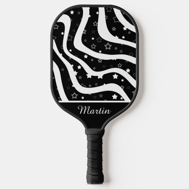 Black &white stars on lines custom name pickleball paddle (Front)