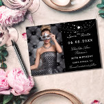Black white stars photo birthday save the date announcement postcard<br><div class="desc">A photo Save the date for a 30th (or any age) birthday
On front: Add a vertical size photo. A classic black background color,  decorated with stars. Personalize and add a name and details.  White letters.</div>
