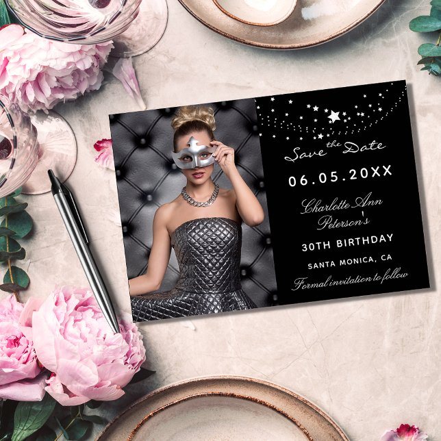 Black white stars photo elegant birthday party save the date (Creator Uploaded)