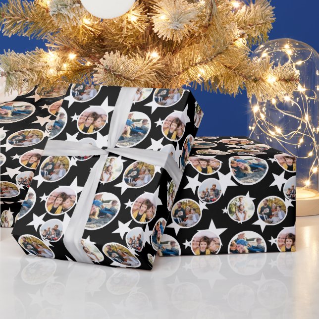 Black White Stars Stripes Round Photos Christmas Wrapping Paper (Holidays)