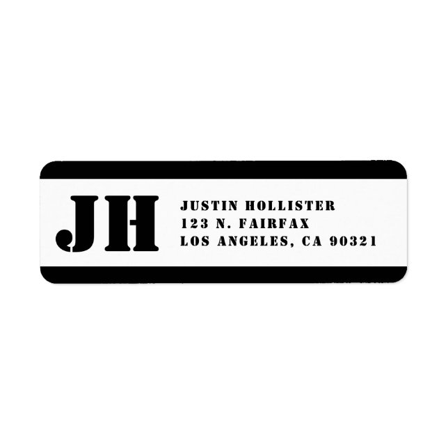 Black & White Stencil Monogram Return Address Label (Front)