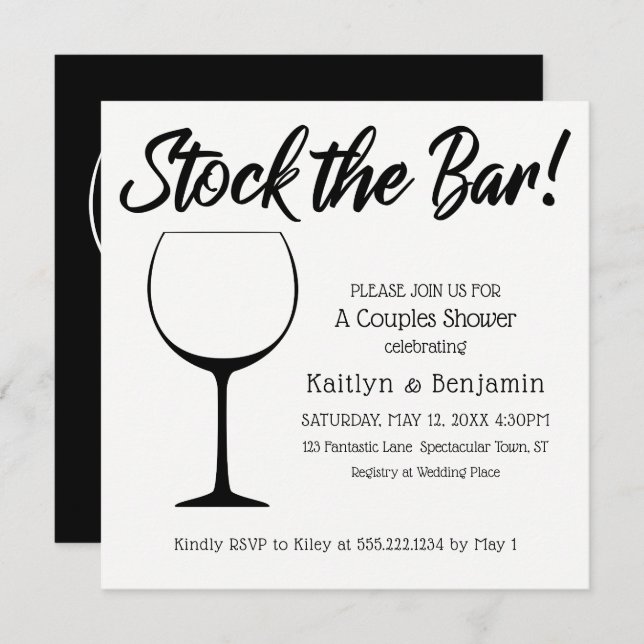 Black & White Stock the Bar Script Couples Shower Invitation (Front/Back)