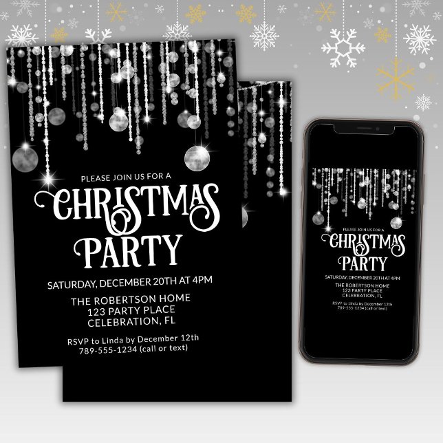 Black White String Lights Christmas Holiday Party  Invitation (Creator Uploaded)