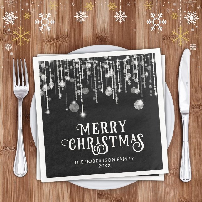 Black White String Lights Christmas Party Napkin (Creator Uploaded)