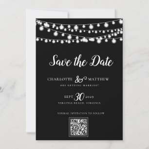 Black White String Lights Modern Script Save the Save The Date