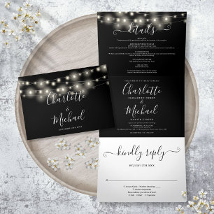 Black White String Lights Script Monogram Wedding Tri-Fold Invitation