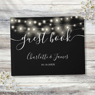 Black White String Lights Signature Script Wedding Guest Book