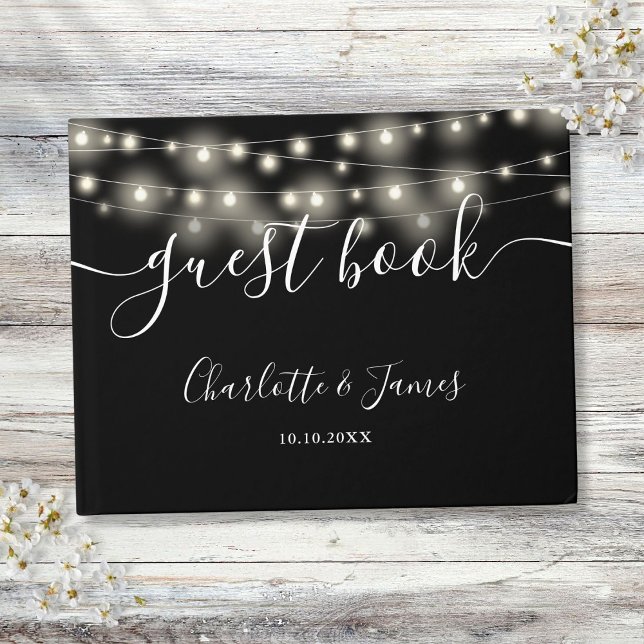 Black White String Lights Signature Script Wedding Guest Book (Black White String Lights Signature Script Wedding Guest Book)