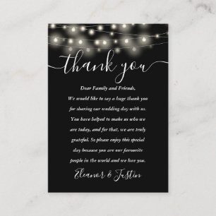 Black White String Lights Wedding Thank You Place  Card