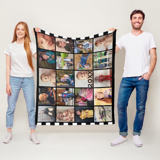 Black White Stripe 20 Photo Collage Family Fleece (In Situ)