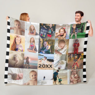Black White Stripe 20 Photo Collage Family Fleece Blanket