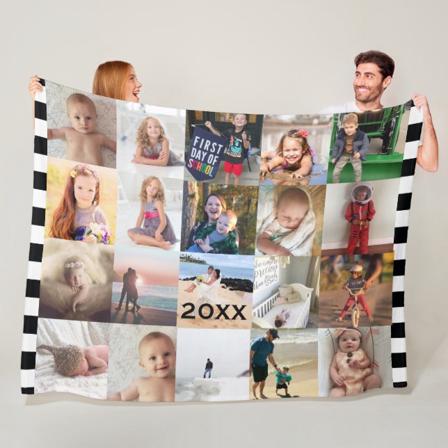 Black White Stripe 20 Photo Collage Family Fleece Blanket (In Situ)