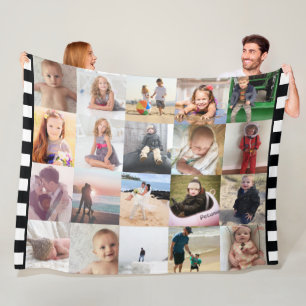 Black White Stripe 20 Photo Collage Family Fleece Blanket