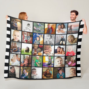 Black White Stripe 30 Photo Collage Family Fleece Blanket