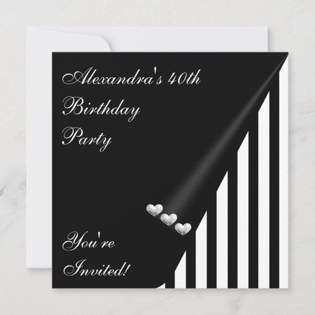 Black White Stripe 40th Birthday Event Silver Love Invitation (Front)
