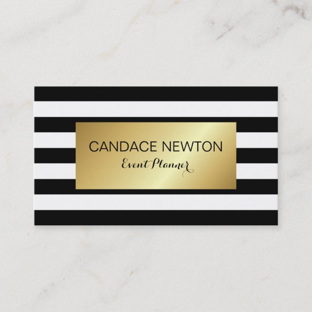 Black & White Stripe and Gold Business Card (Front)