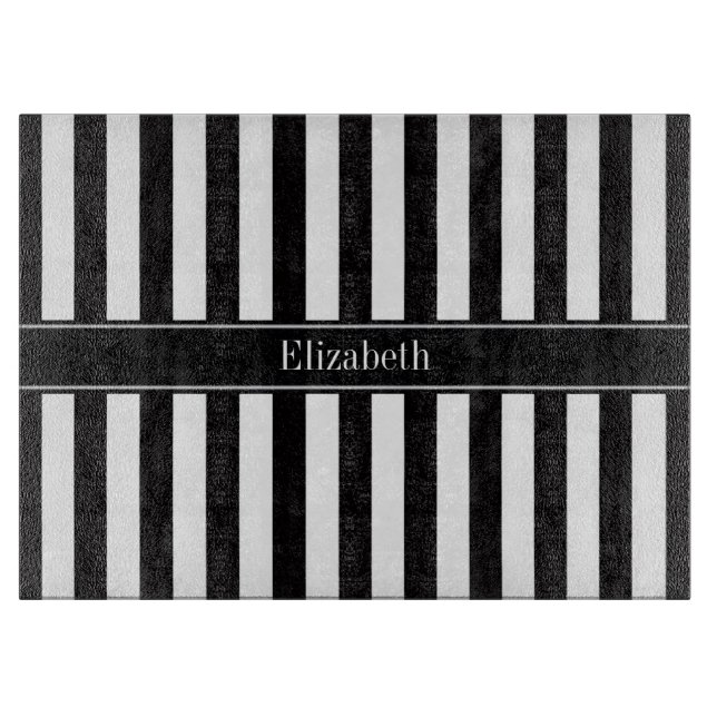Black White Stripe Black Name Monogram Cutting Board (Front)