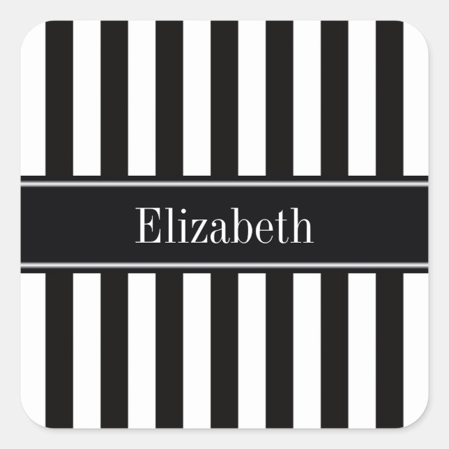 Black White Stripe Black Name Monogram Square Sticker (Front)