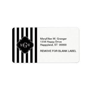 Black White Stripe Black Quatrefoil 3 Monogram Label