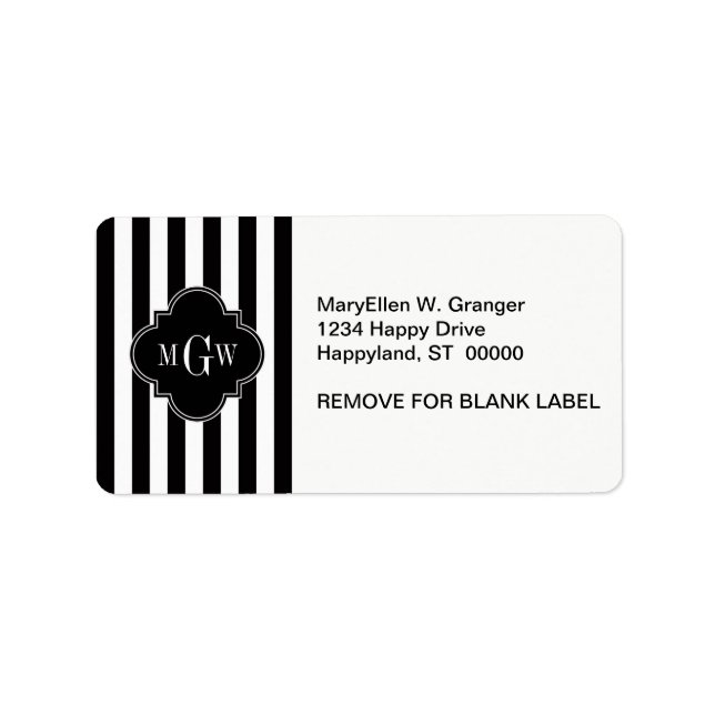 Black White Stripe Black Quatrefoil 3 Monogram Label (Front)
