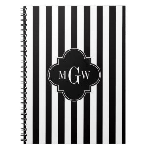 Black White Stripe Black Quatrefoil 3 Monogram Notebook