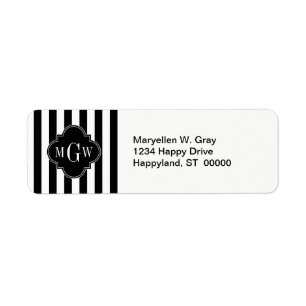 Black White Stripe Black Quatrefoil 3 Monogram Return Address Label