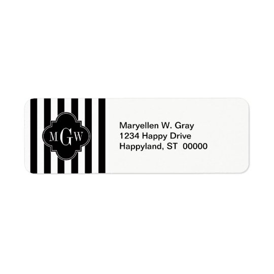 Black White Stripe Black Quatrefoil 3 Monogram Return Address Label