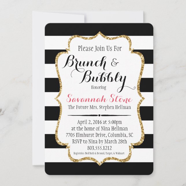 Black & White Stripe Brunch & Bubbly Shower Invite (Front)