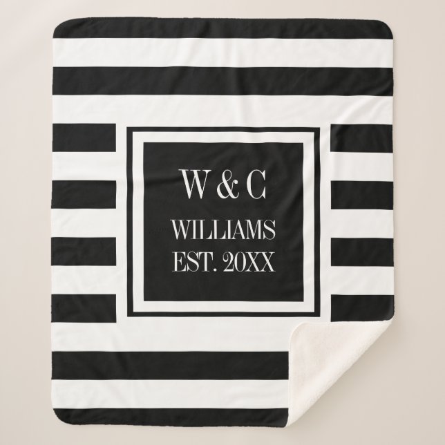 Black White Stripe Classic Monogram Sherpa Blanket (Front)