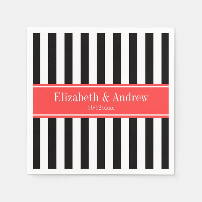 Black White Stripe Coral Red Ribbon Name Monogram Napkin (Front)