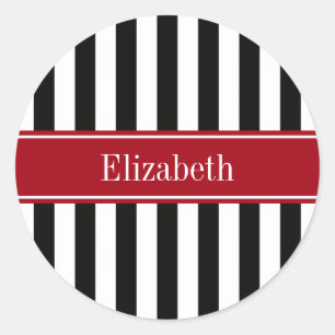 Black White Stripe Cranberry Name Monogram Classic Round Sticker