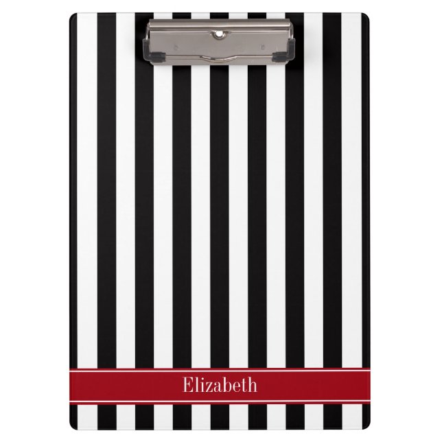 Black White Stripe Cranberry Name Monogram Clipboard (Front)