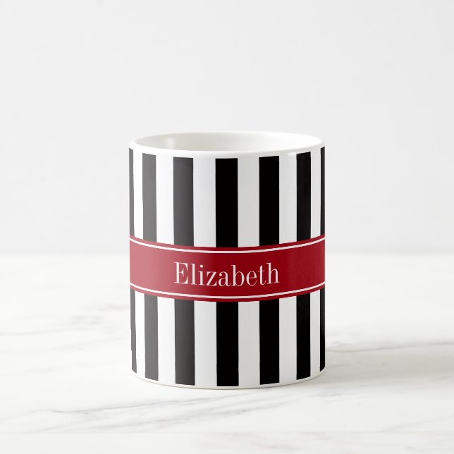 Black White Stripe Cranberry Name Monogram Coffee Mug (Center)