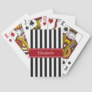 Black White Stripe Cranberry Name Monogram Playing Cards